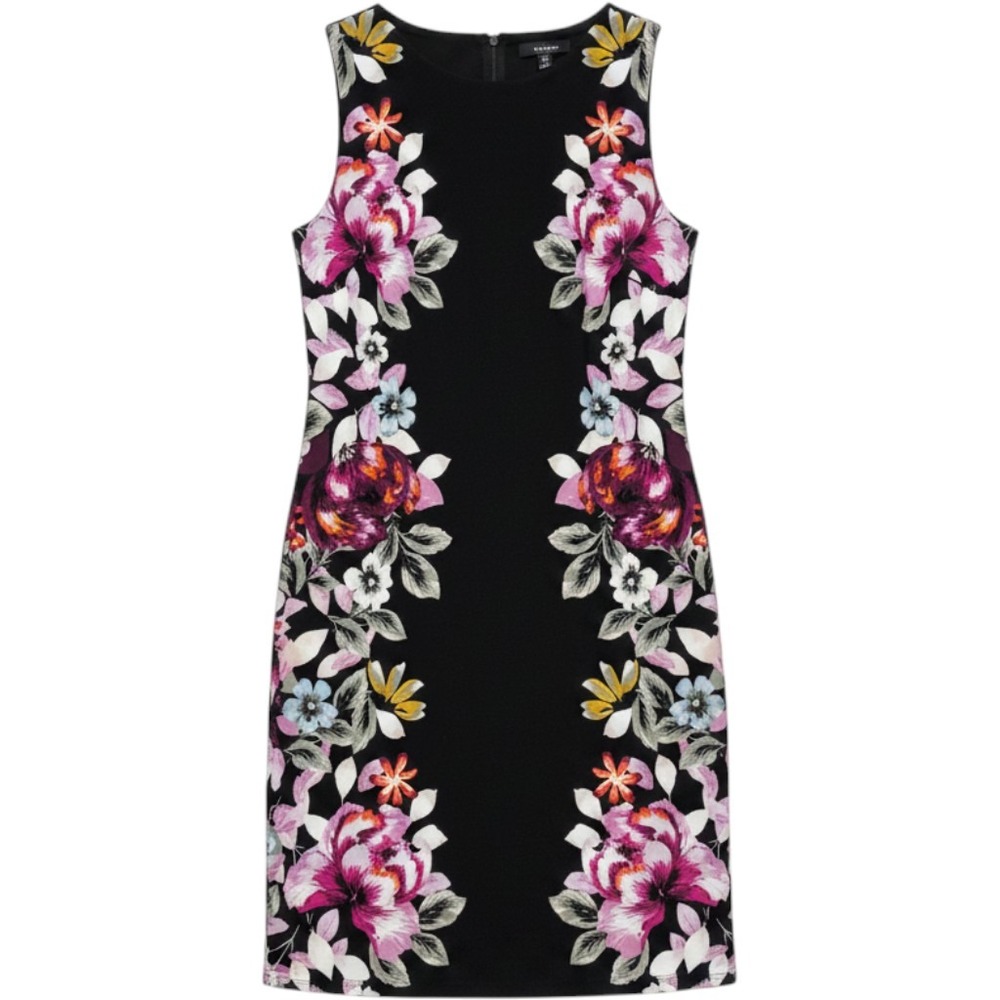White House Black Market Dress Women M Black Pink Floral Sheath Sleeveless Midi